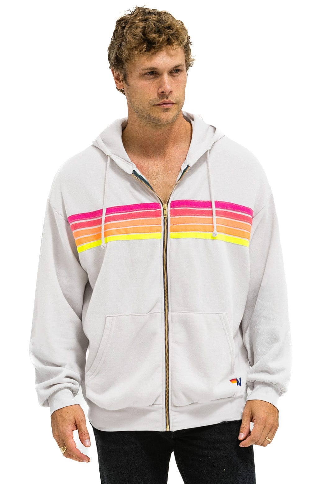 5 STRIPE RELAXED ZIP HOODIE - DOVE GREY NEON