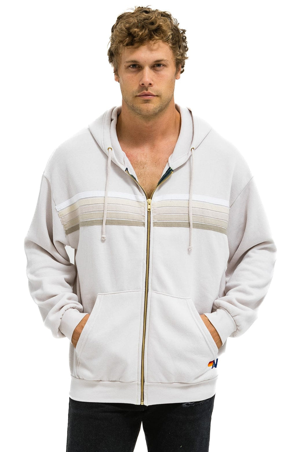 5 STRIPE RELAXED ZIP HOODIE - DOVE GREY WHITE GREY