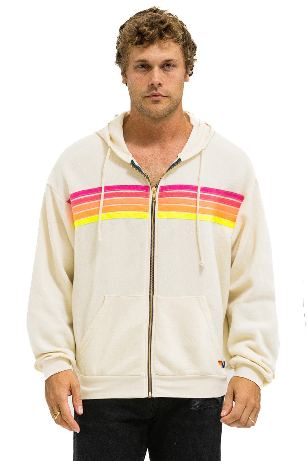 5 STRIPE RELAXED ZIP HOODIE - VINTAGE WHITE NEON