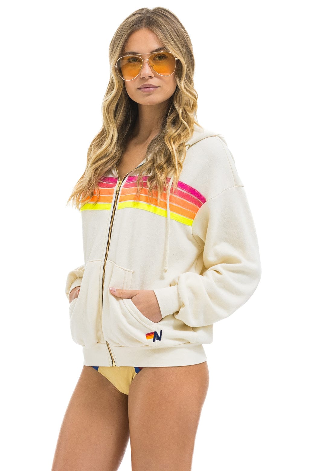 5 STRIPE RELAXED ZIP HOODIE - VINTAGE WHITE NEON