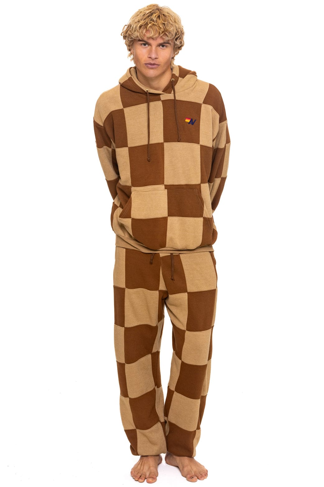 CHECK QUILTED SWEATPANTS - TAN CINNAMON