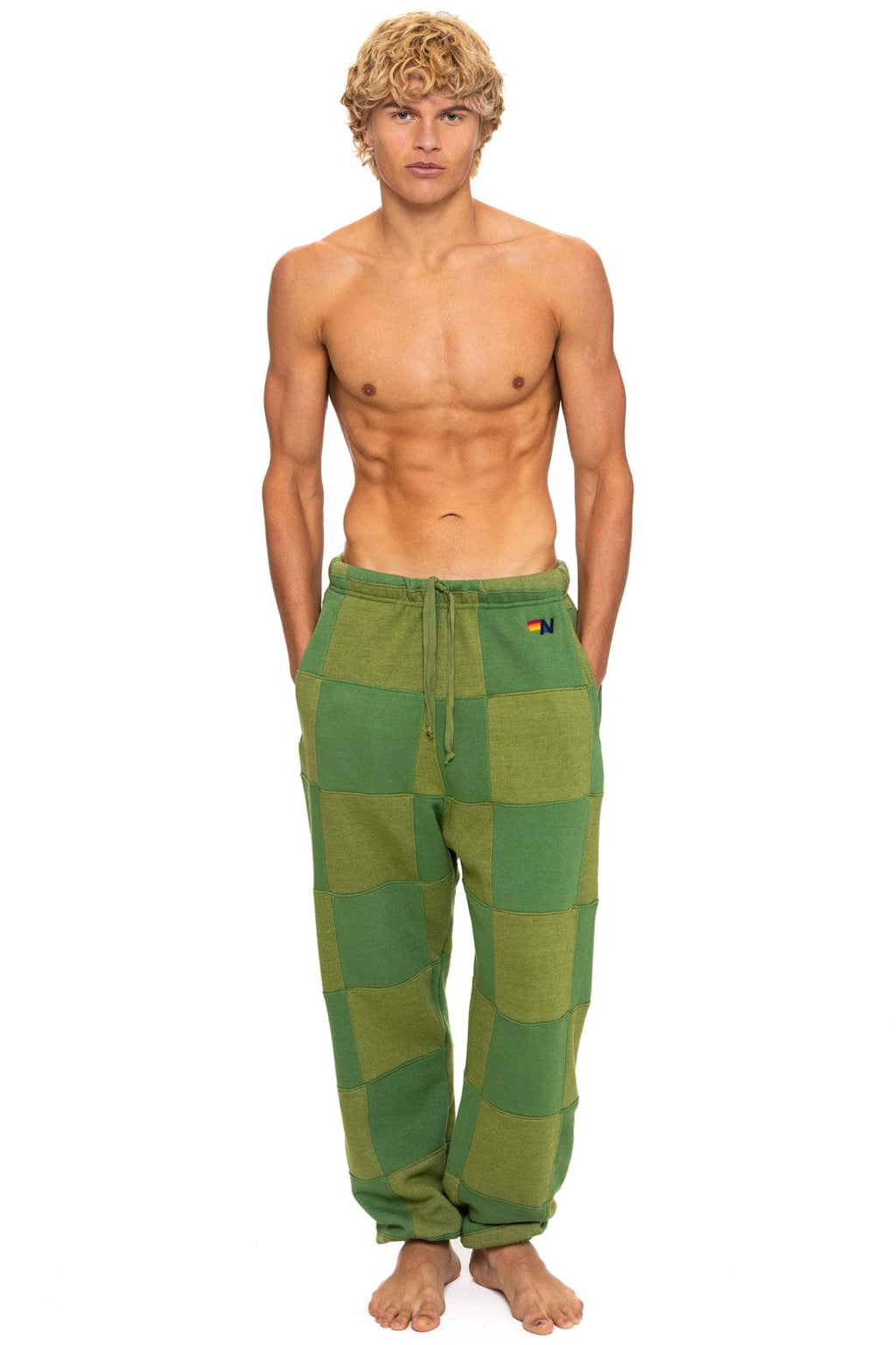 CHECK QUILTED SWEATPANTS - JUNGLE GREEN PALM