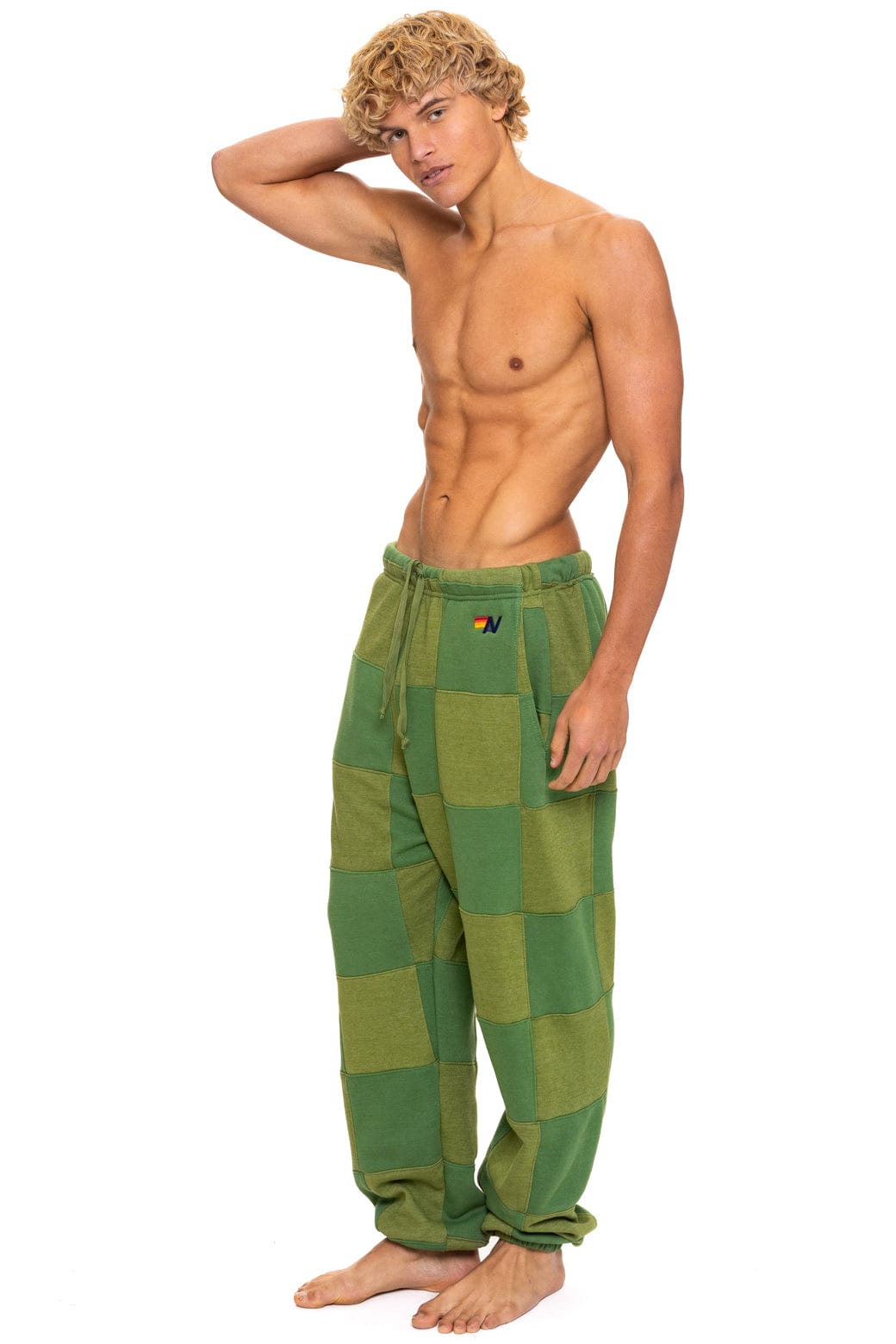 CHECK QUILTED SWEATPANTS - JUNGLE GREEN PALM
