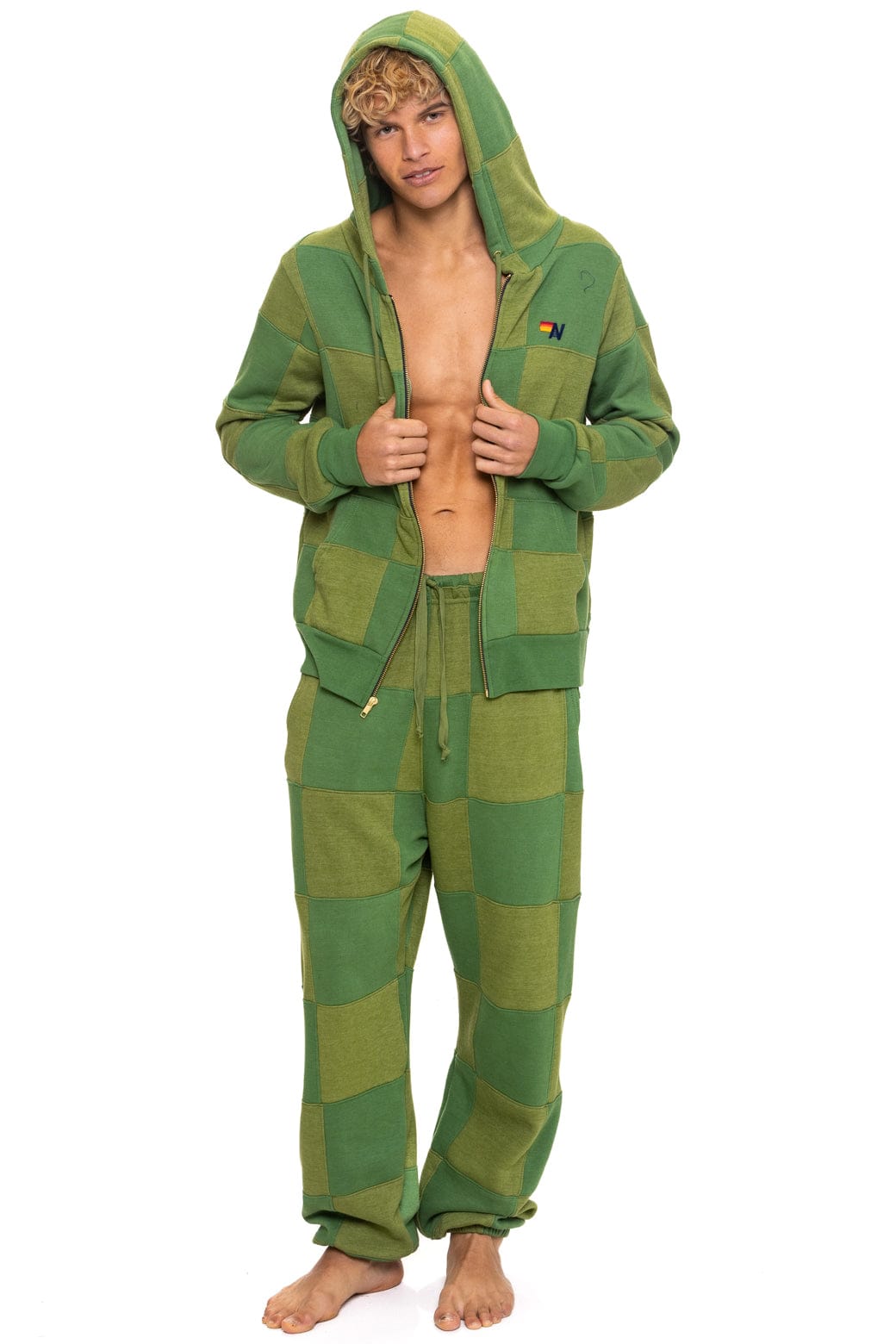 CHECK QUILTED SWEATPANTS - JUNGLE GREEN PALM