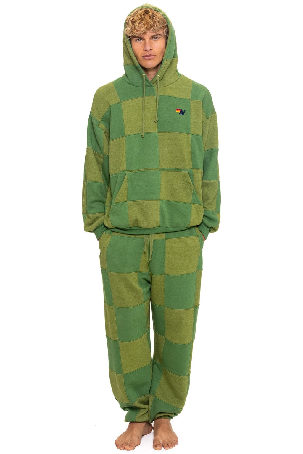CHECK QUILTED SWEATPANTS - JUNGLE GREEN PALM
