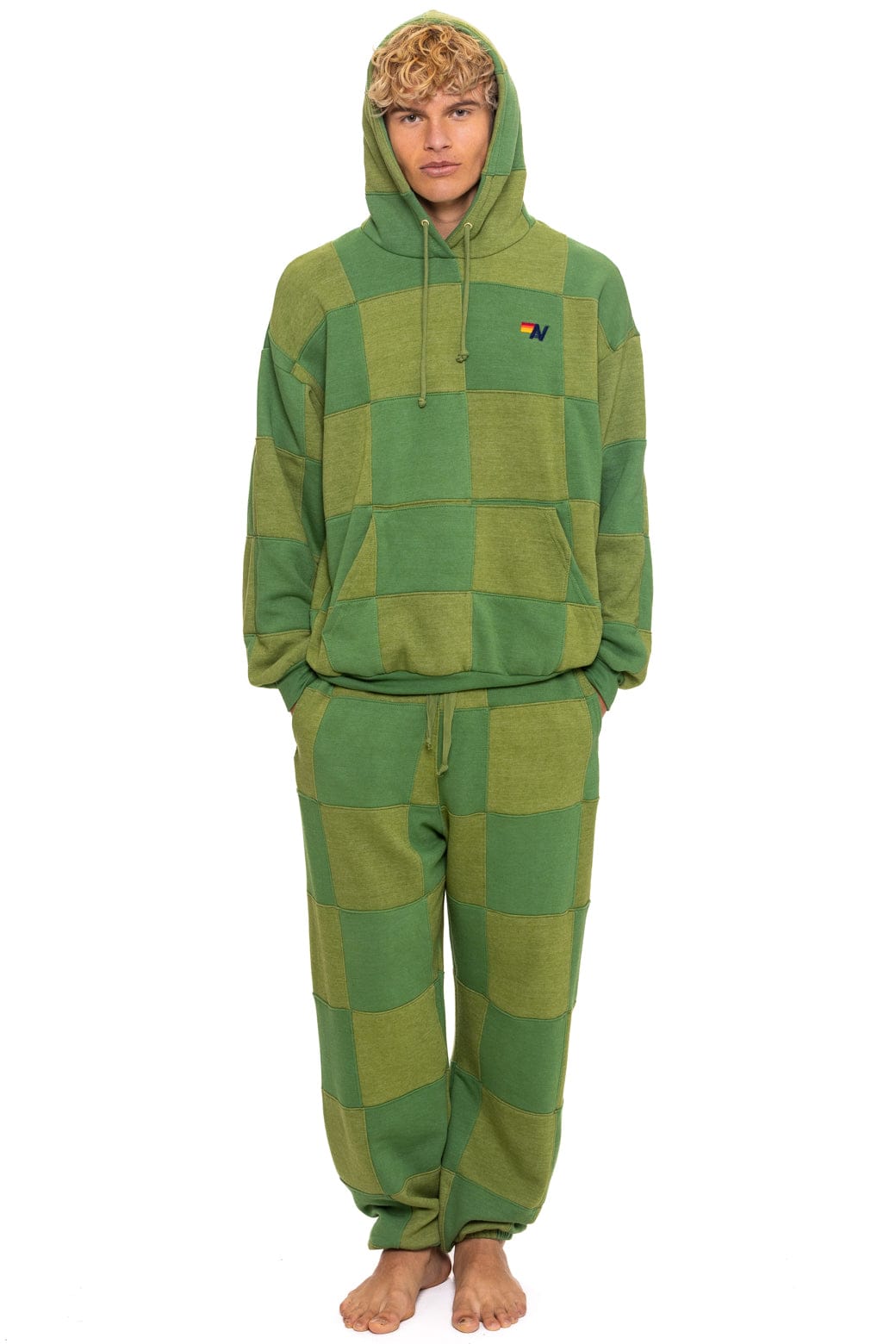 CHECK QUILTED SWEATPANTS - JUNGLE GREEN PALM