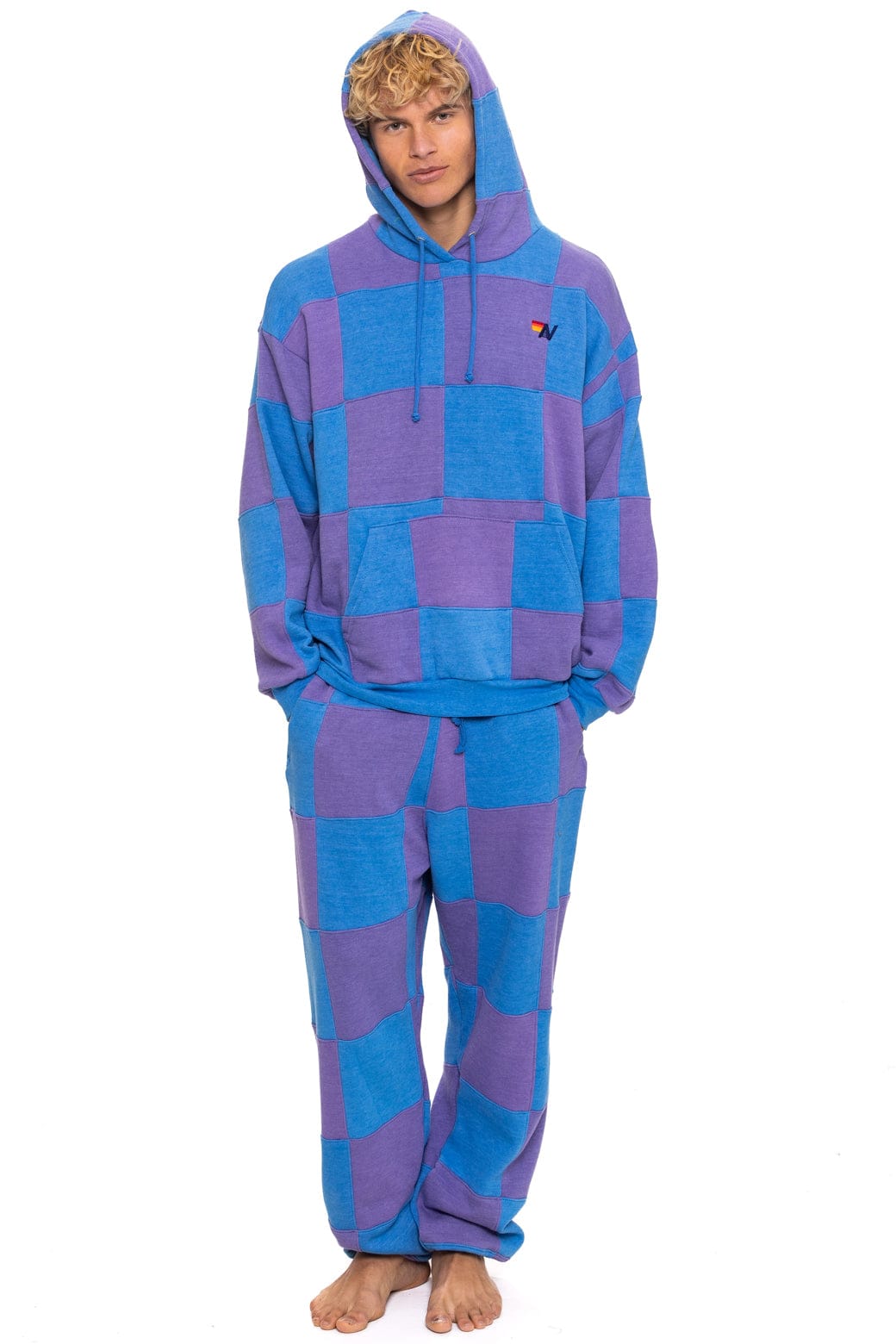 CHECK QUILT RELAXED PULLOVER HOODIE - LAVENDER OCEAN