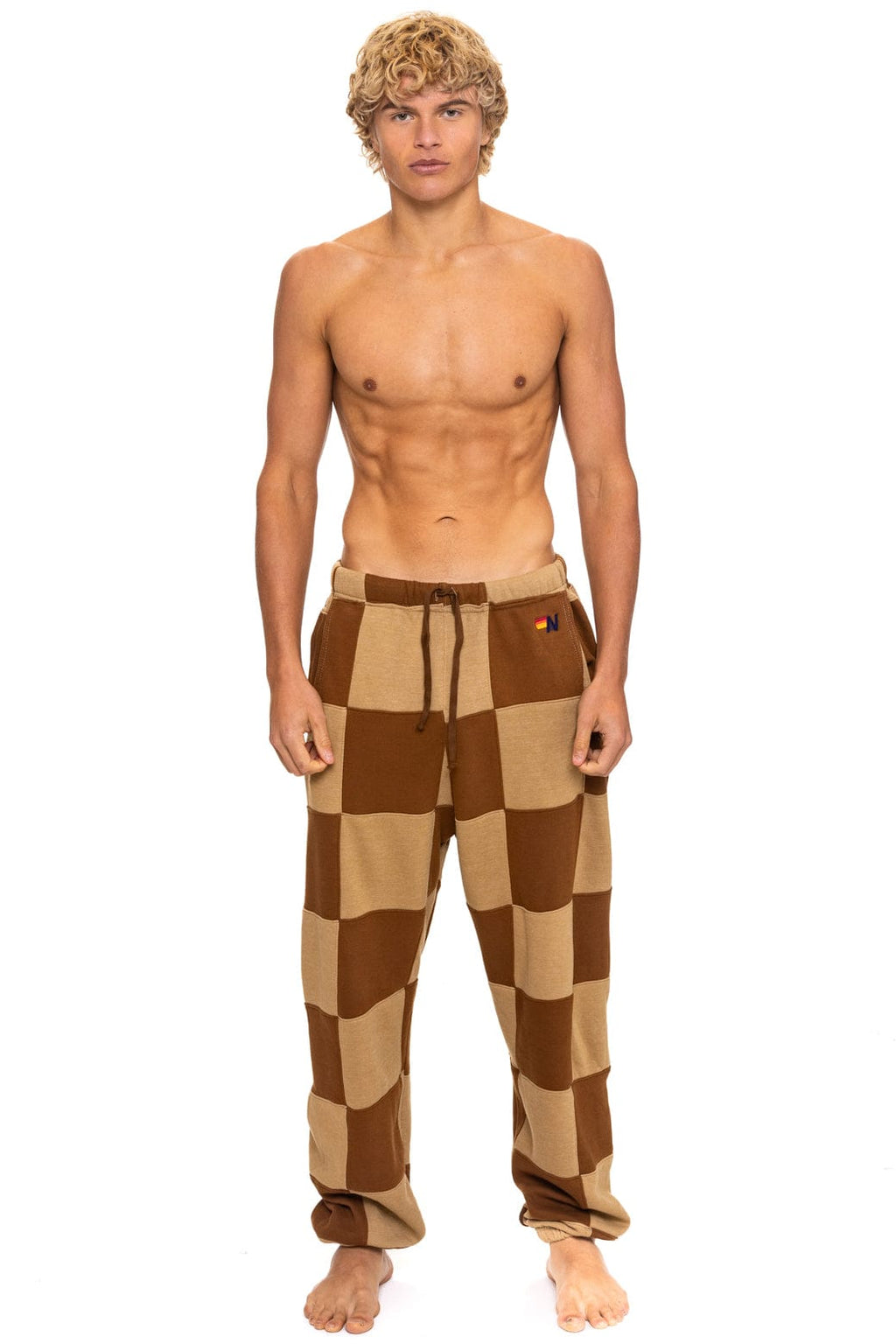 CHECK QUILTED SWEATPANTS - TAN CINNAMON