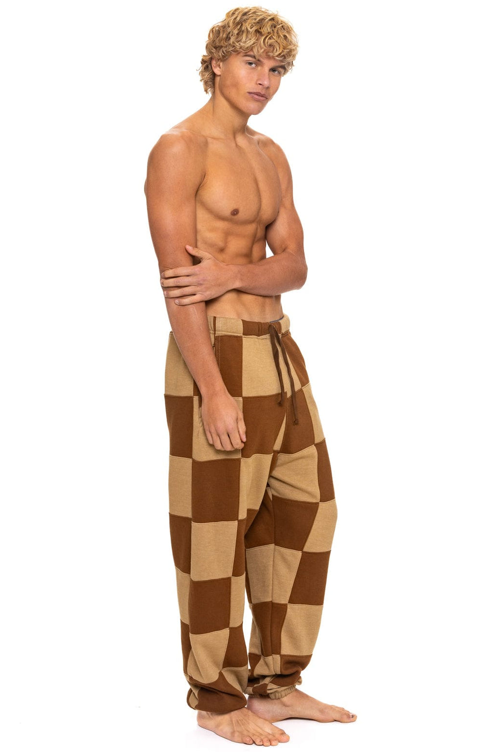 CHECK QUILTED SWEATPANTS - TAN CINNAMON