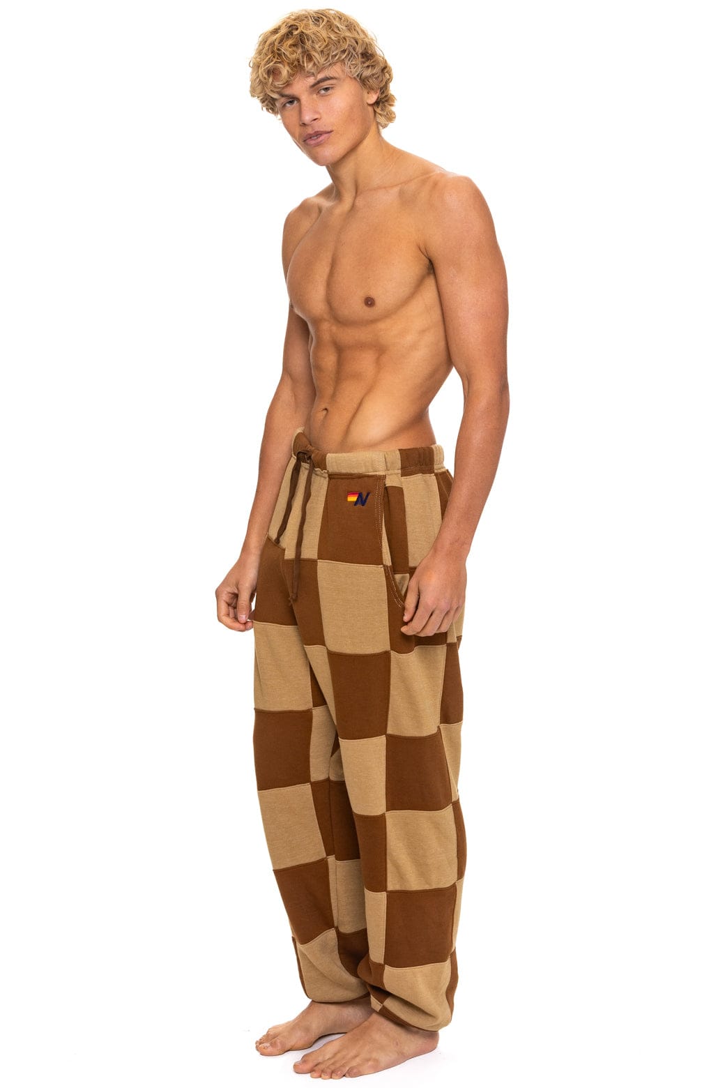 CHECK QUILTED SWEATPANTS - TAN CINNAMON