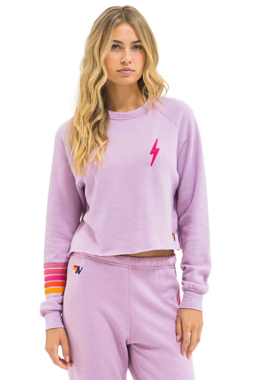 BOLT RUGBY STITCH CROPPED CREW SWEATSHIRT - MAUVE MAGENTA ORANGE
