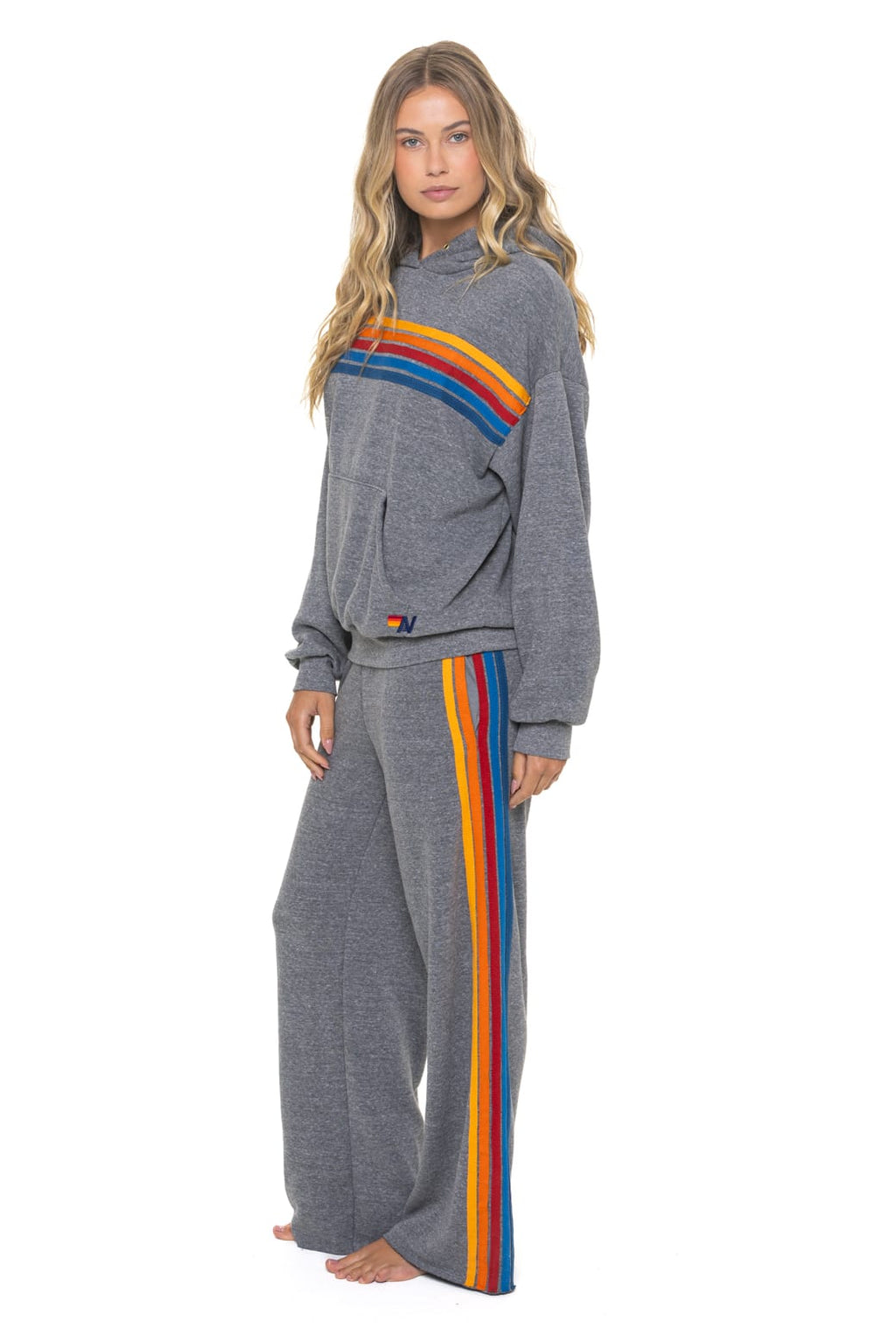 5 STRIPE RELAXED PULLOVER HOODIE - HEATHER GREY