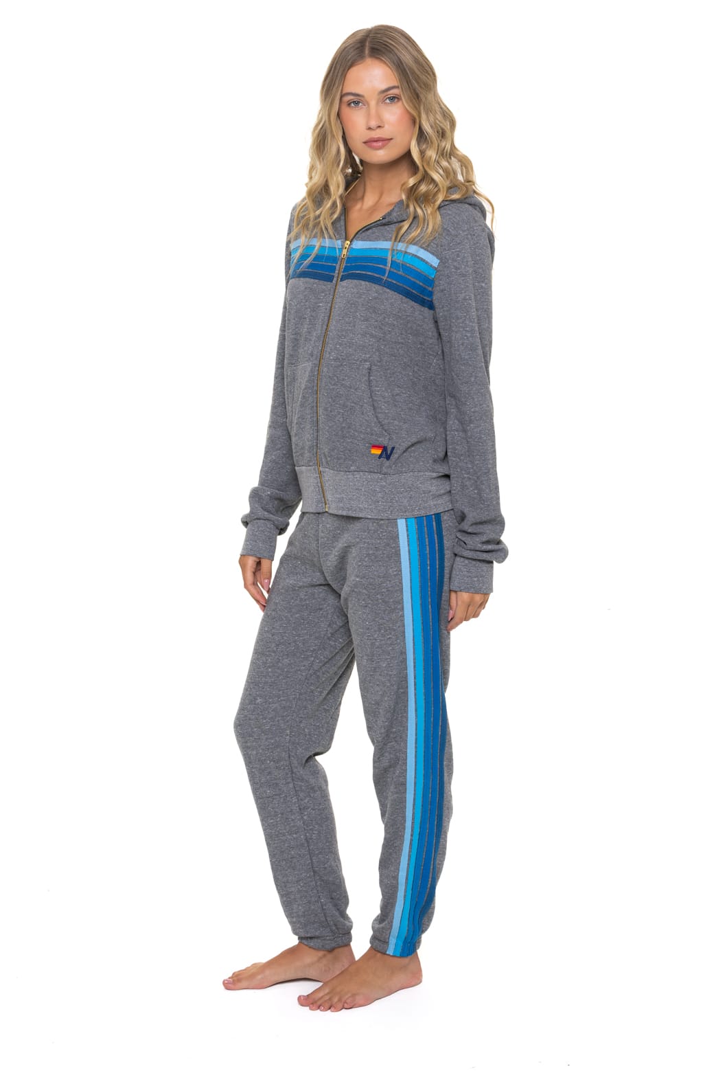 5 STRIPE HOODIE - HEATHER GREY BLUE