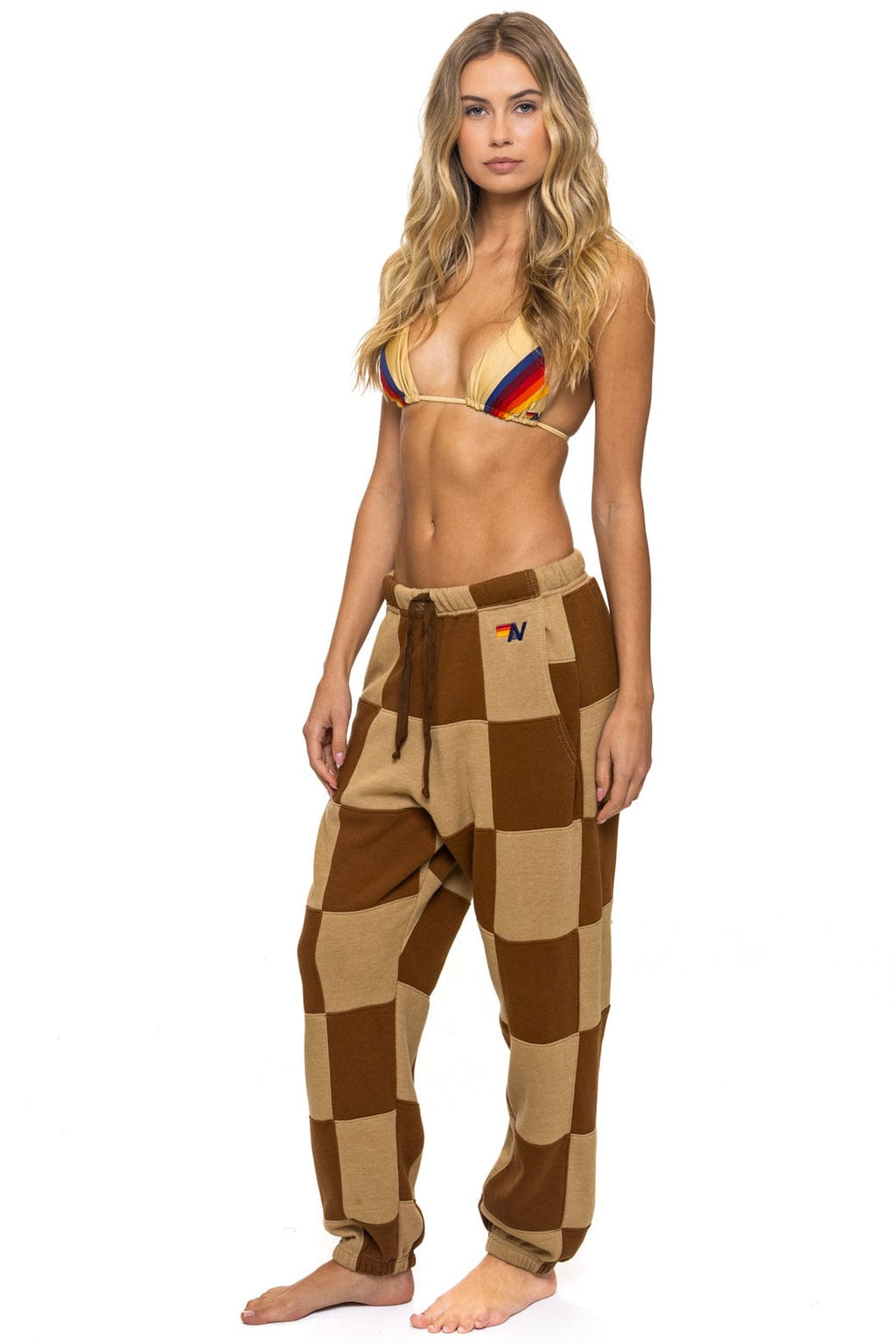 CHECK QUILTED SWEATPANTS - TAN CINNAMON