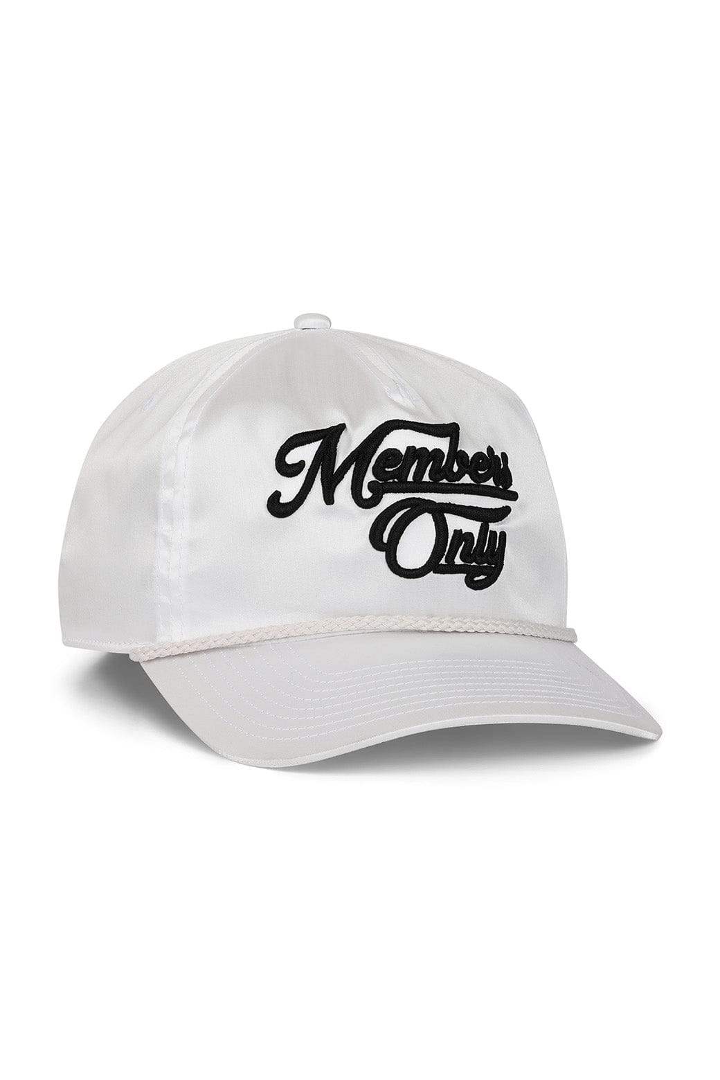 MEMBERS EXCLUSIVE VINTAGE SATIN SCRIPT TRUCKER HAT - WHITE BLACK