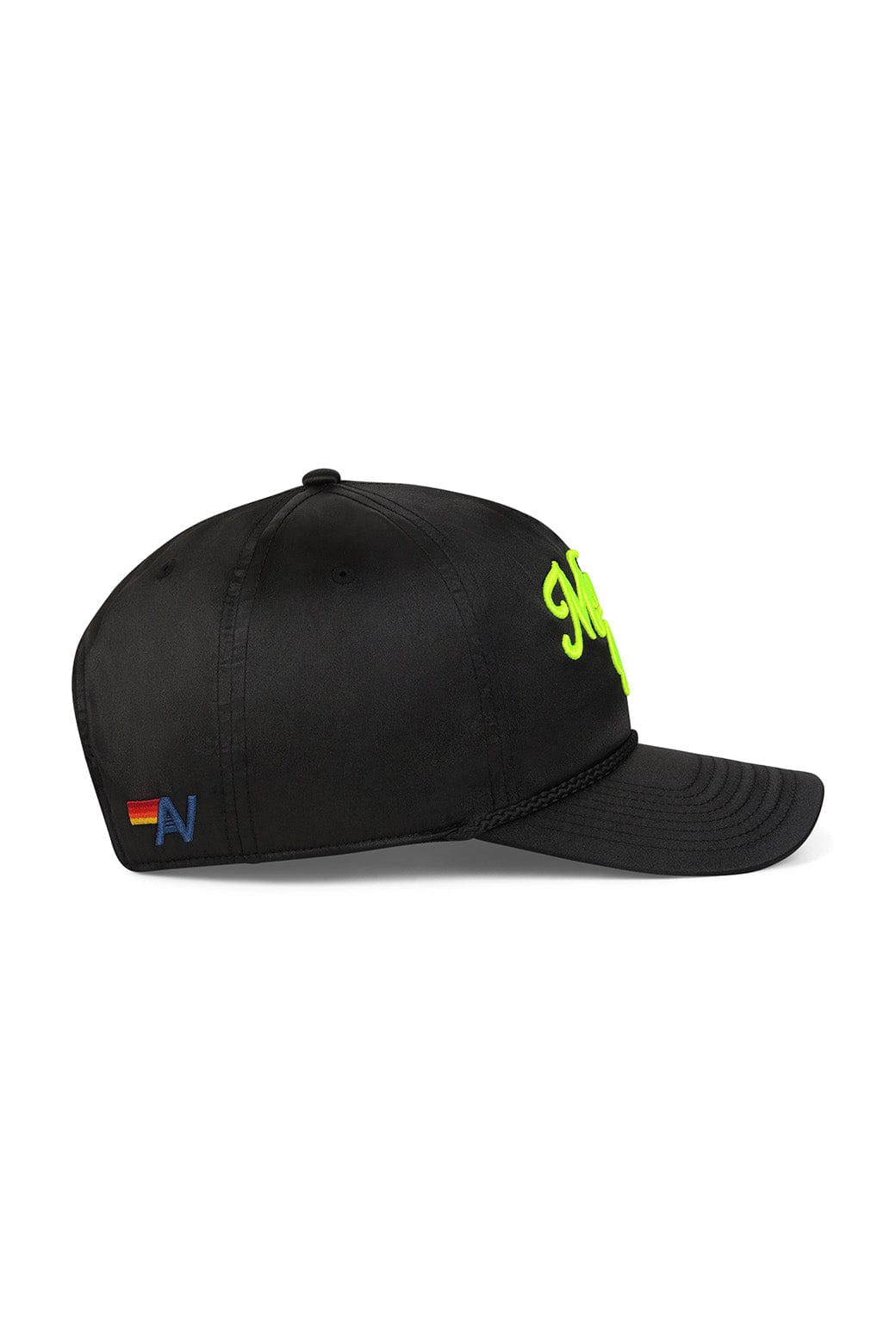 MEMBERS EXCLUSIVE VINTAGE SATIN SCRIPT TRUCKER HAT - BLACK NEON YELLOW