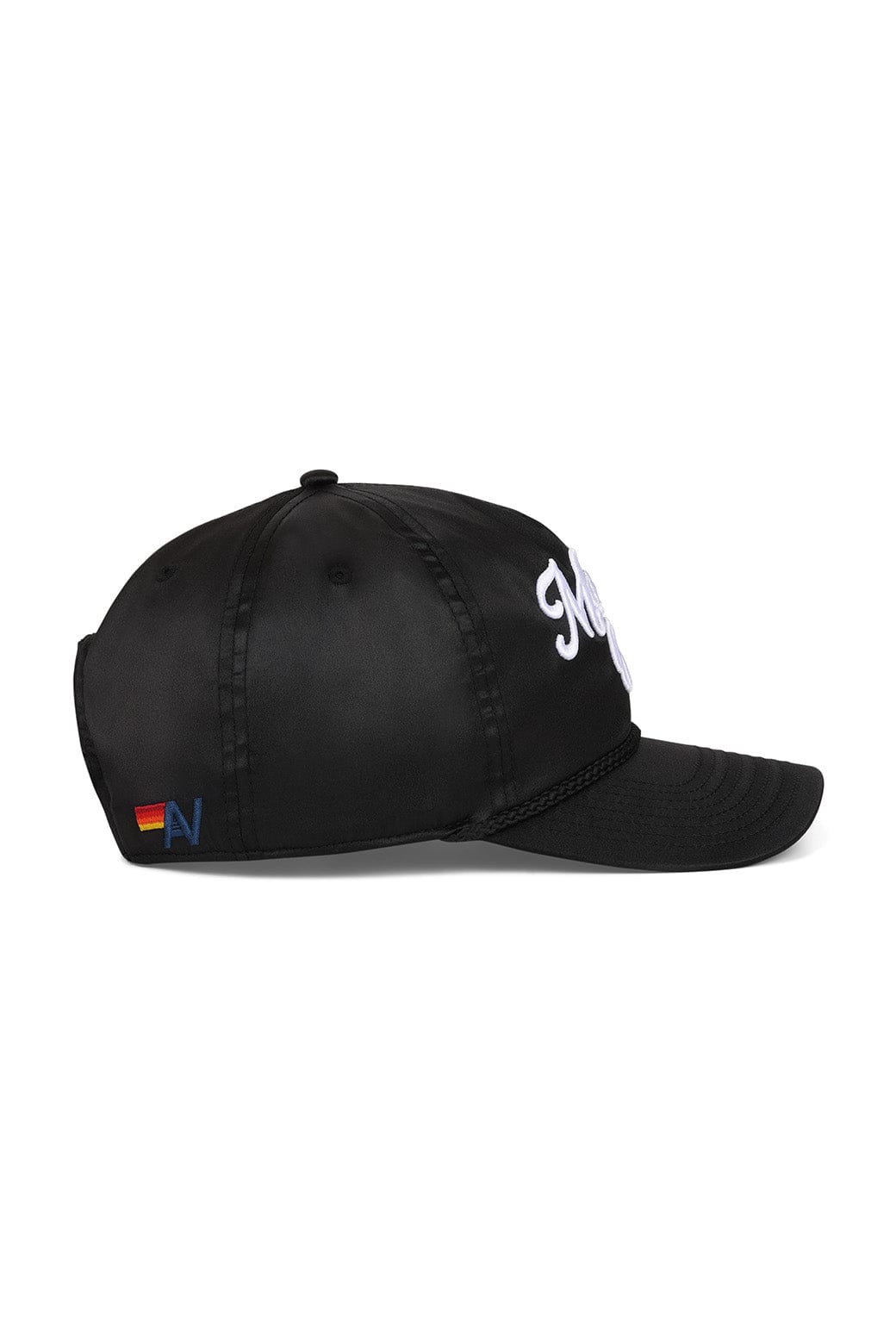 MEMBERS EXCLUSIVE VINTAGE SATIN SCRIPT TRUCKER HAT - BLACK WHITE