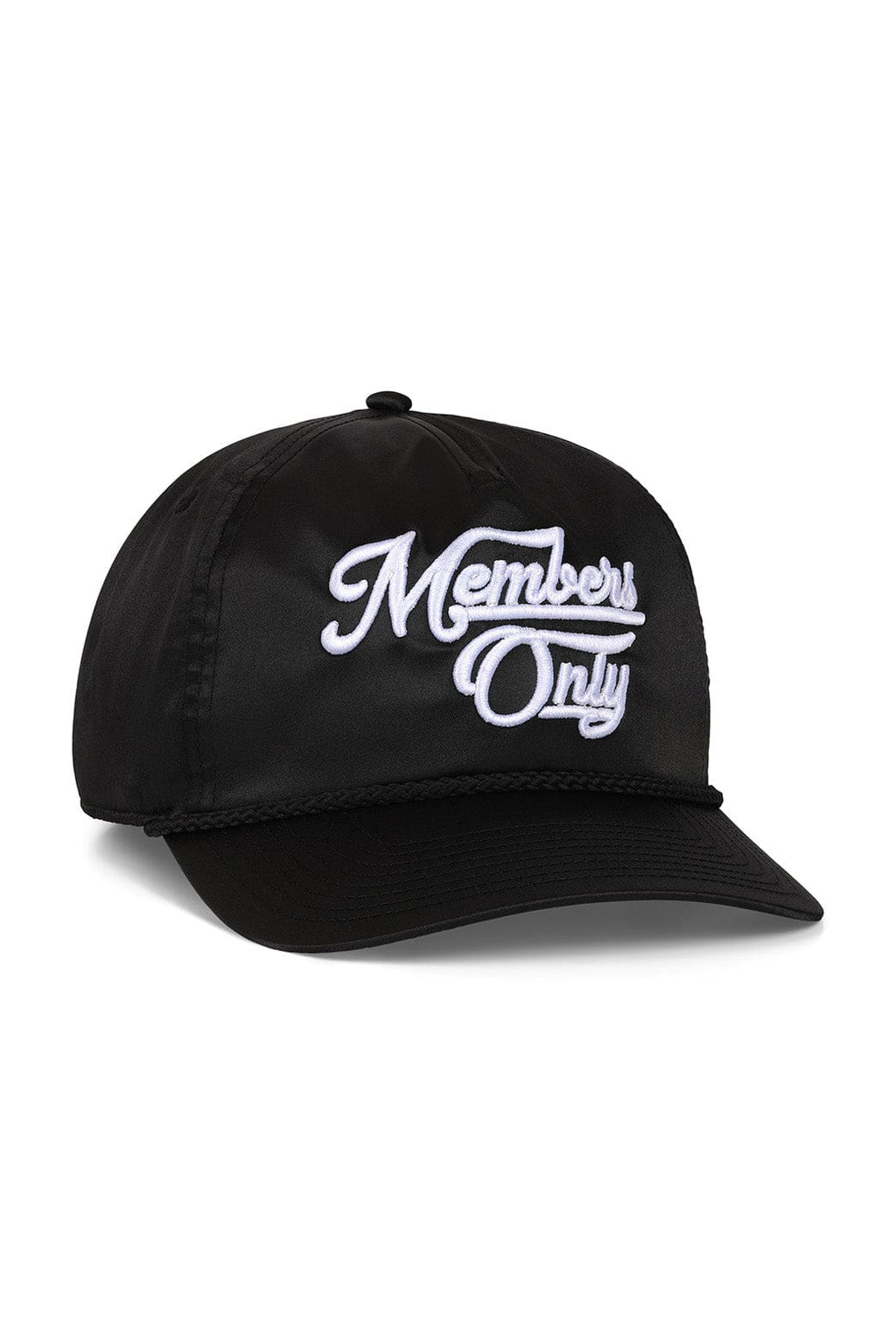 MEMBERS EXCLUSIVE VINTAGE SATIN SCRIPT TRUCKER HAT - BLACK WHITE
