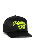 MEMBERS EXCLUSIVE VINTAGE SATIN SCRIPT TRUCKER HAT - BLACK NEON YELLOW