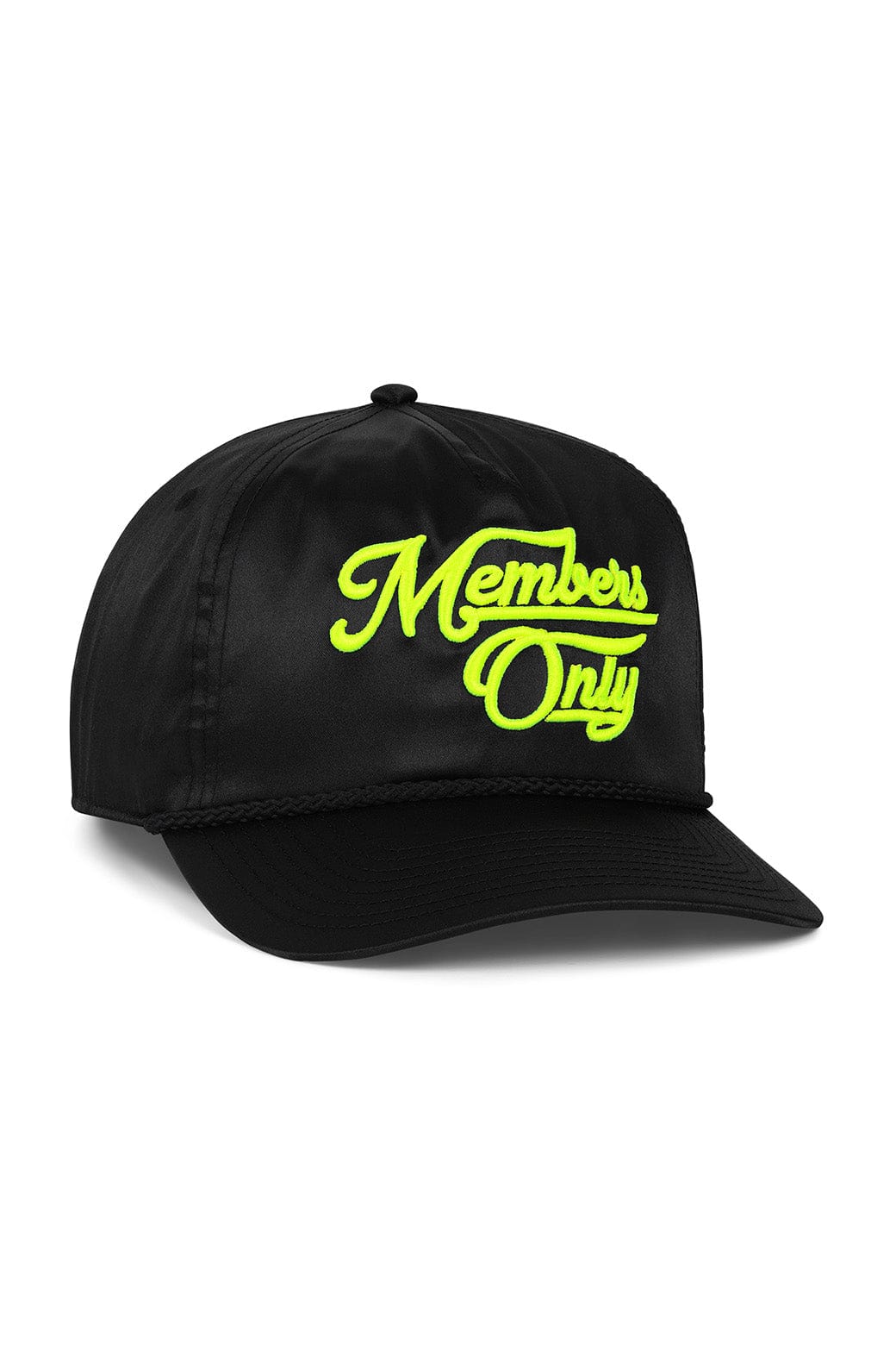 MEMBERS EXCLUSIVE VINTAGE SATIN SCRIPT TRUCKER HAT - BLACK NEON YELLOW