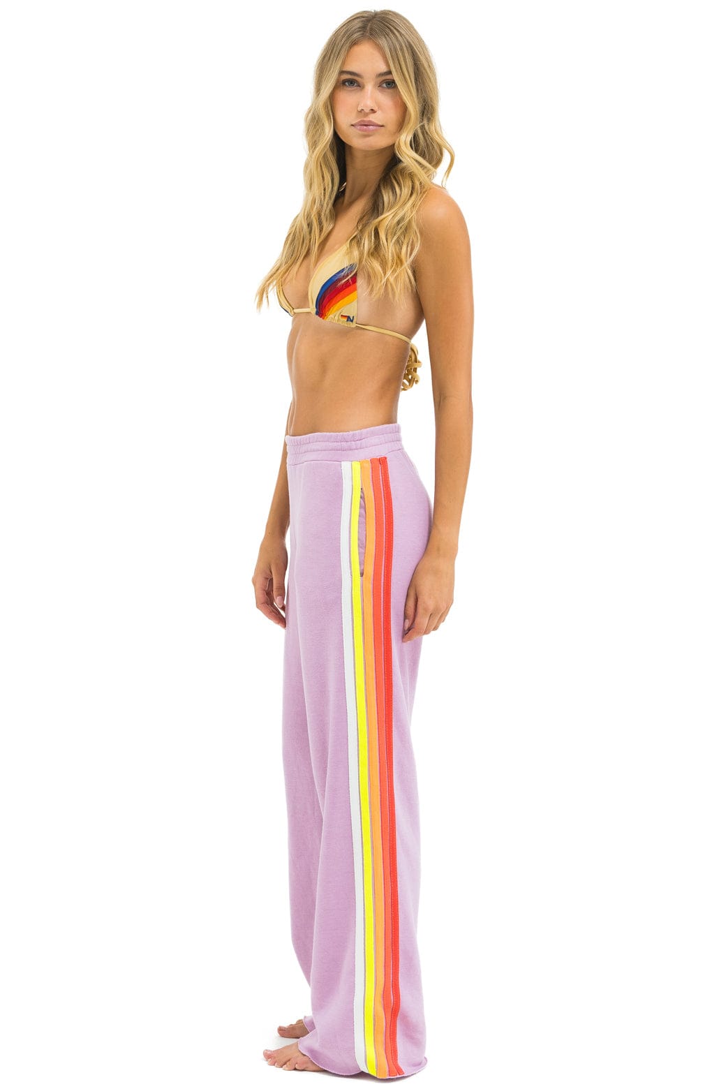 5 STRIPE WIDE LEG POCKET SWEATPANTS - MAUVE WHITE NEON
