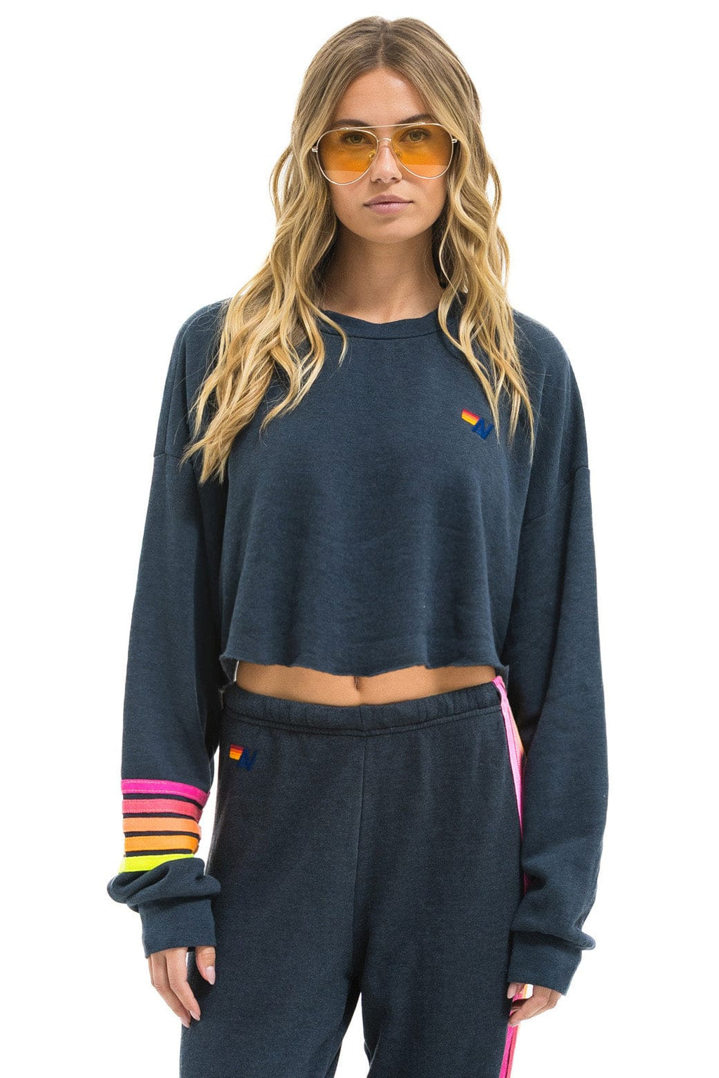 RUGBY STITCH CROPPED CREW SWEATSHIRT RELAXED - CHARCOAL NEON