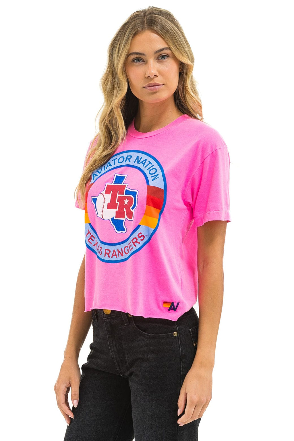 TEXAS RANGERS AVIATOR NATION WOMENS BOYFRIEND TEE - NEON PINK