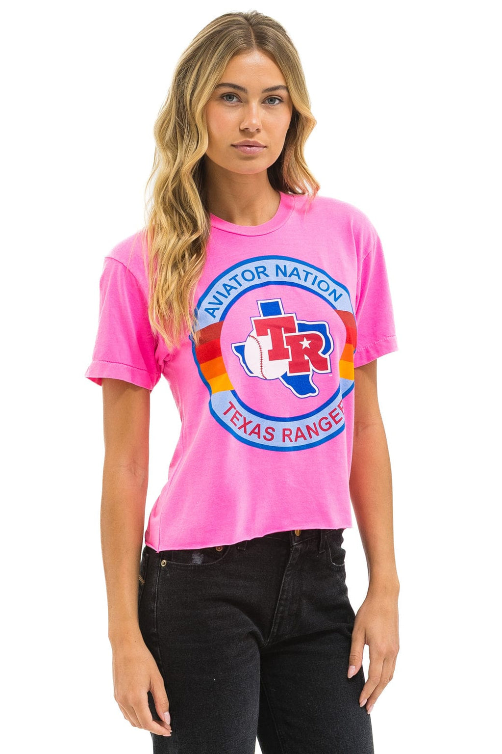 TEXAS RANGERS AVIATOR NATION WOMENS BOYFRIEND TEE - NEON PINK