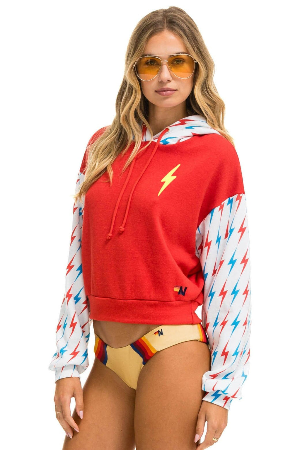AVIATOR BOLT COLOR BLOCK W BOLT EMBROIDERY RELAXED CROPPED PULLOVER HOODIE - RED USA
