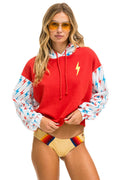 AVIATOR BOLT COLOR BLOCK W BOLT EMBROIDERY RELAXED CROPPED PULLOVER HOODIE - RED USA