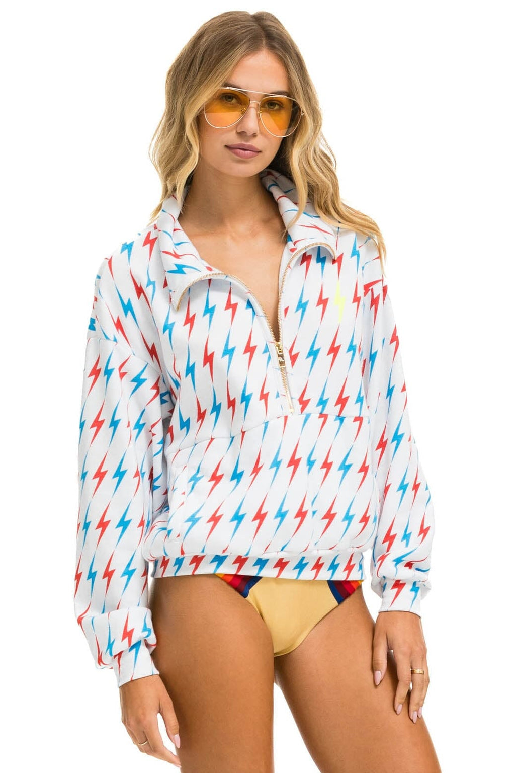 AVIATOR BOLT W BOLT EMBROIDERY FLEECE HALF ZIP SWEATSHIRT - WHITE USA