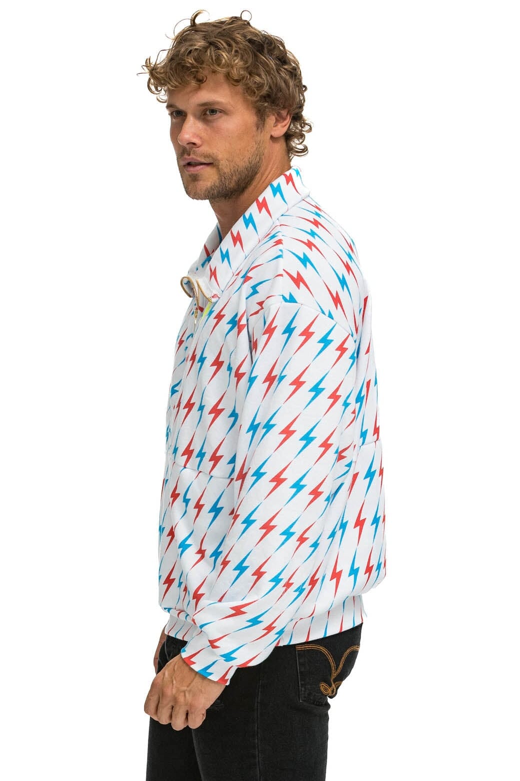 AVIATOR BOLT W BOLT EMBROIDERY FLEECE HALF ZIP SWEATSHIRT - WHITE USA