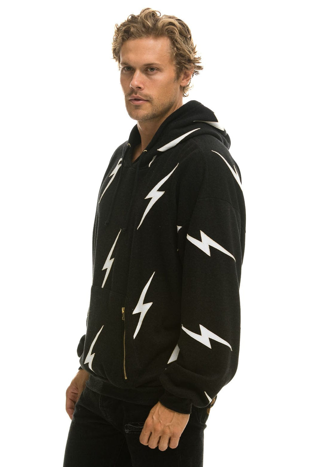 BOLT STITCH REPEAT RELAXED PULLOVER HOODIE WITH POCKET ZIPPERS - BLACK WHITE