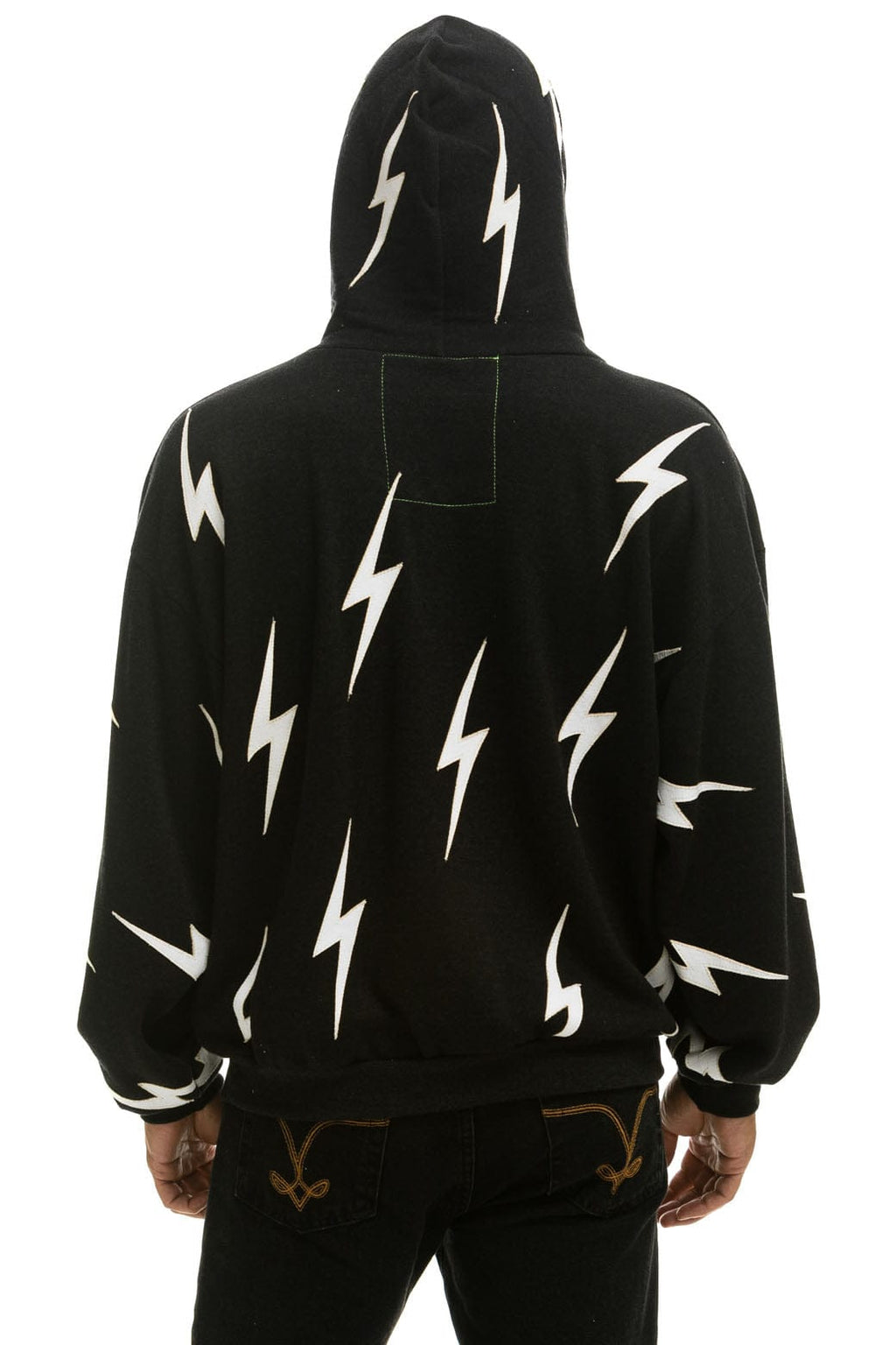 BOLT STITCH REPEAT RELAXED PULLOVER HOODIE WITH POCKET ZIPPERS - BLACK WHITE