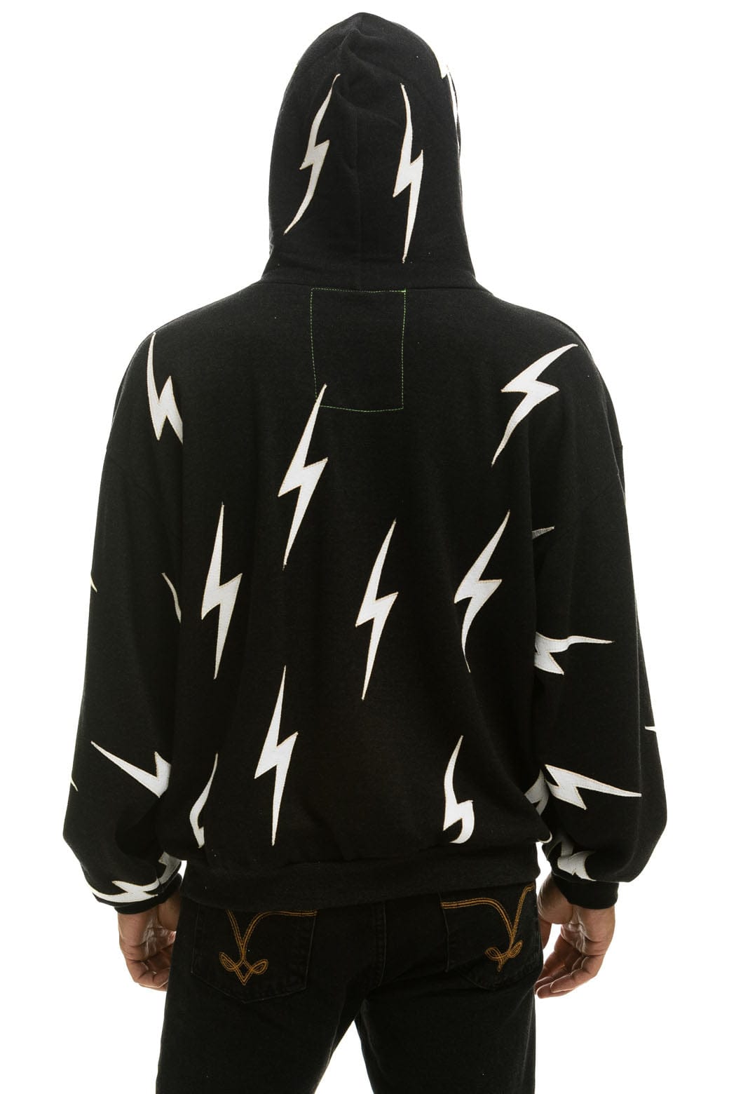 BOLT STITCH REPEAT RELAXED PULLOVER HOODIE WITH POCKET ZIPPERS - BLACK WHITE