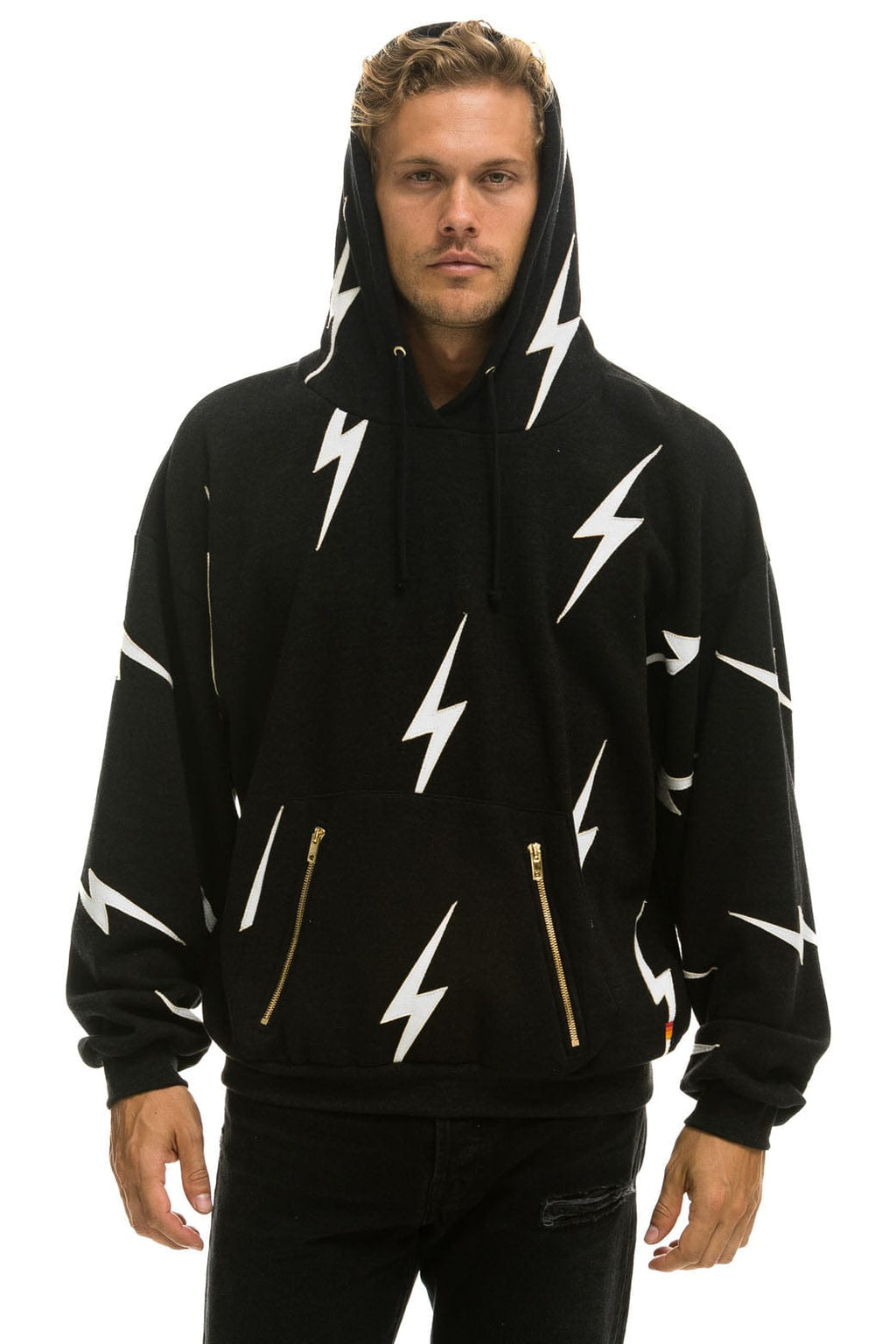 BOLT STITCH REPEAT RELAXED PULLOVER HOODIE WITH POCKET ZIPPERS - BLACK WHITE