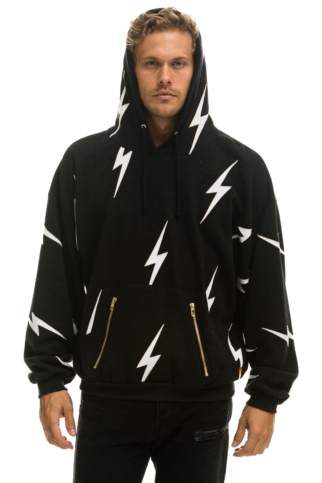 BOLT STITCH REPEAT RELAXED PULLOVER HOODIE WITH POCKET ZIPPERS - BLACK WHITE