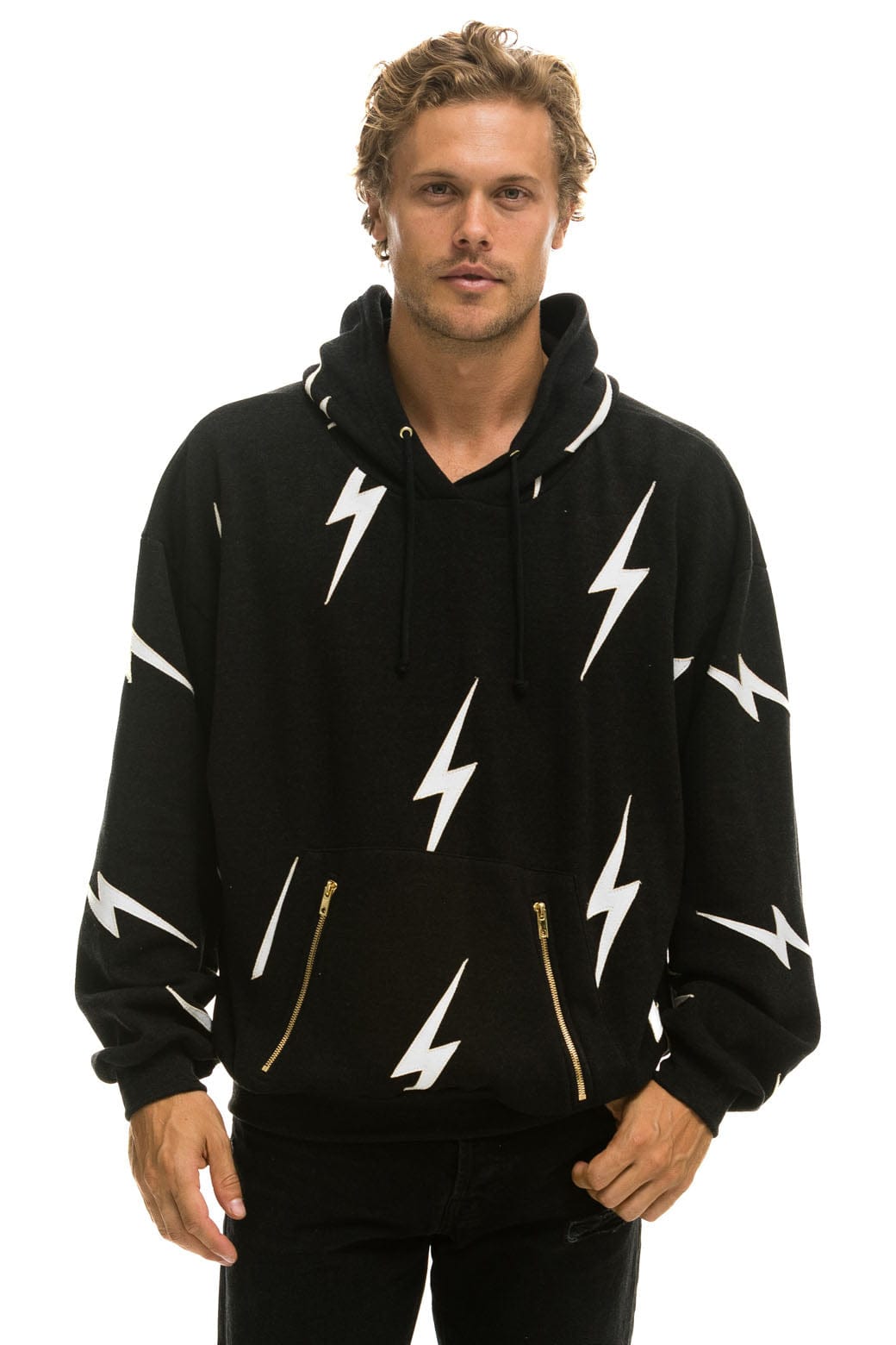 BOLT STITCH REPEAT RELAXED PULLOVER HOODIE WITH POCKET ZIPPERS - BLACK WHITE