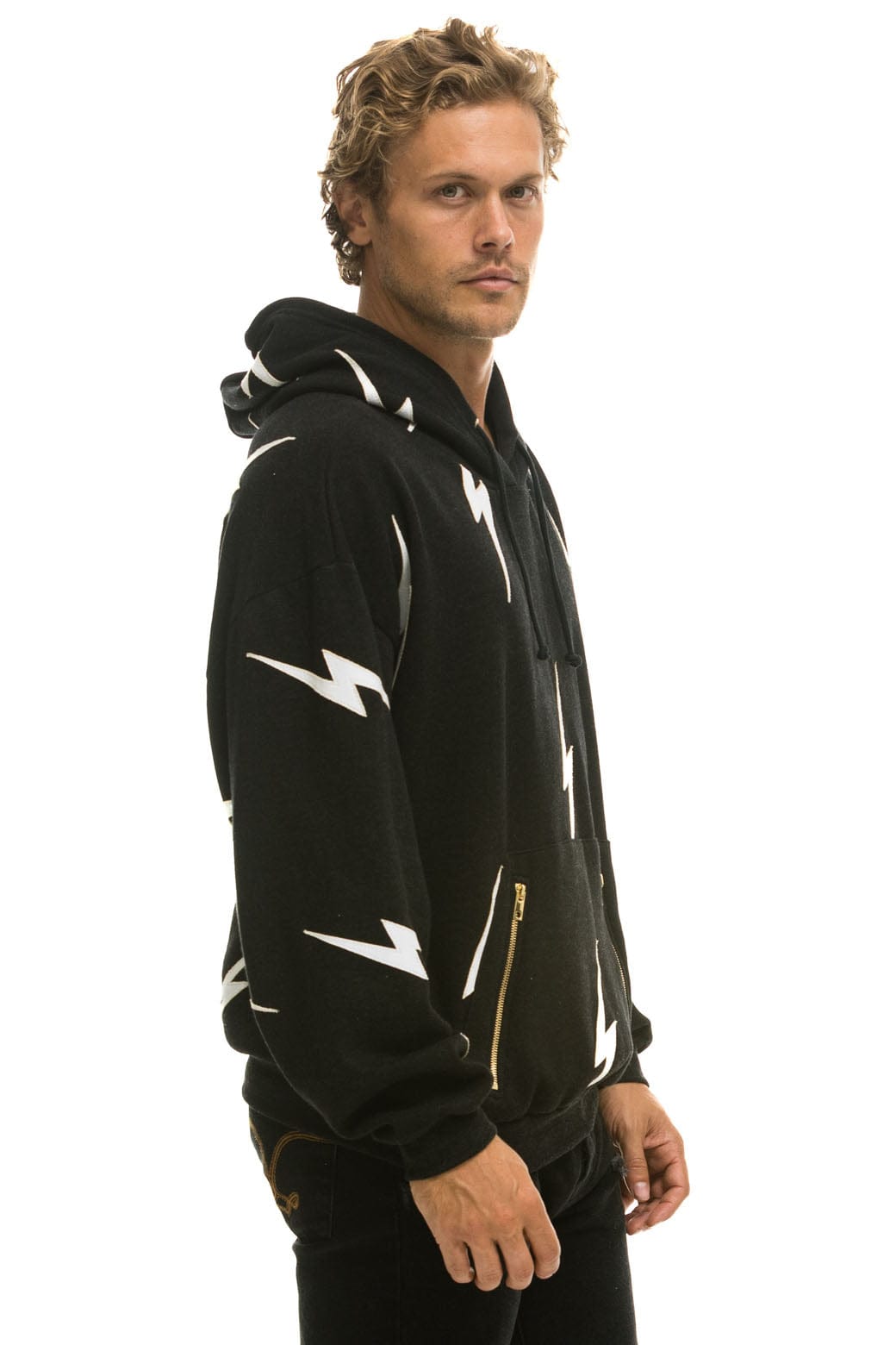 BOLT STITCH REPEAT RELAXED PULLOVER HOODIE WITH POCKET ZIPPERS - BLACK WHITE