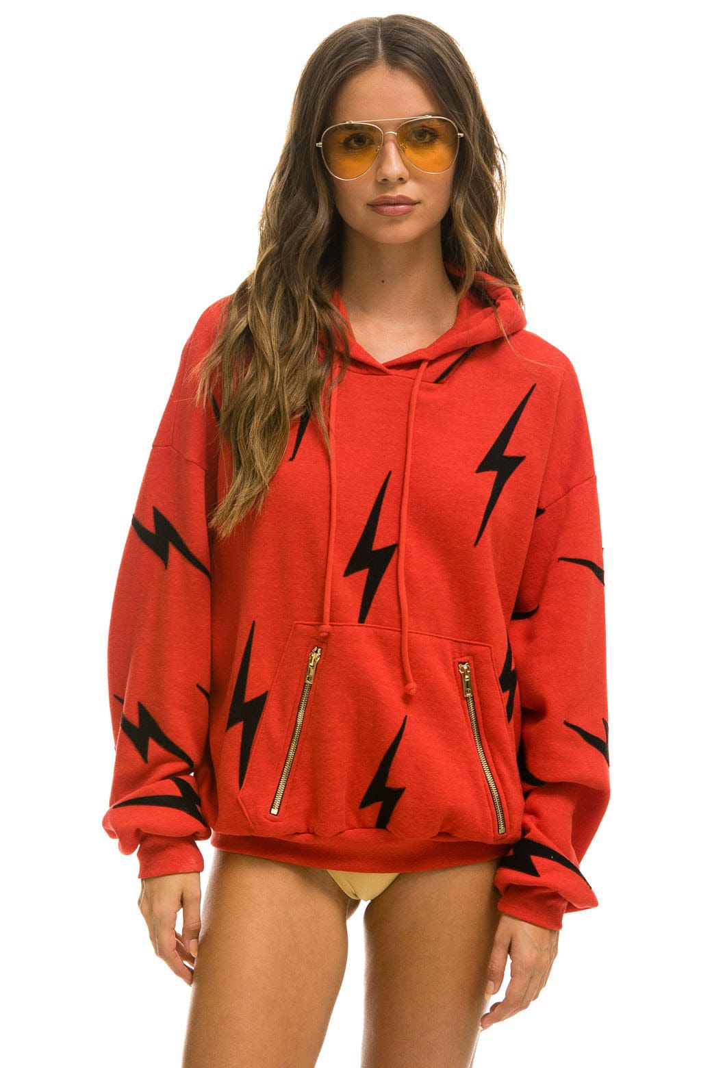 BOLT STITCH REPEAT RELAXED PULLOVER HOODIE WITH POCKET ZIPPERS - RED BLACK