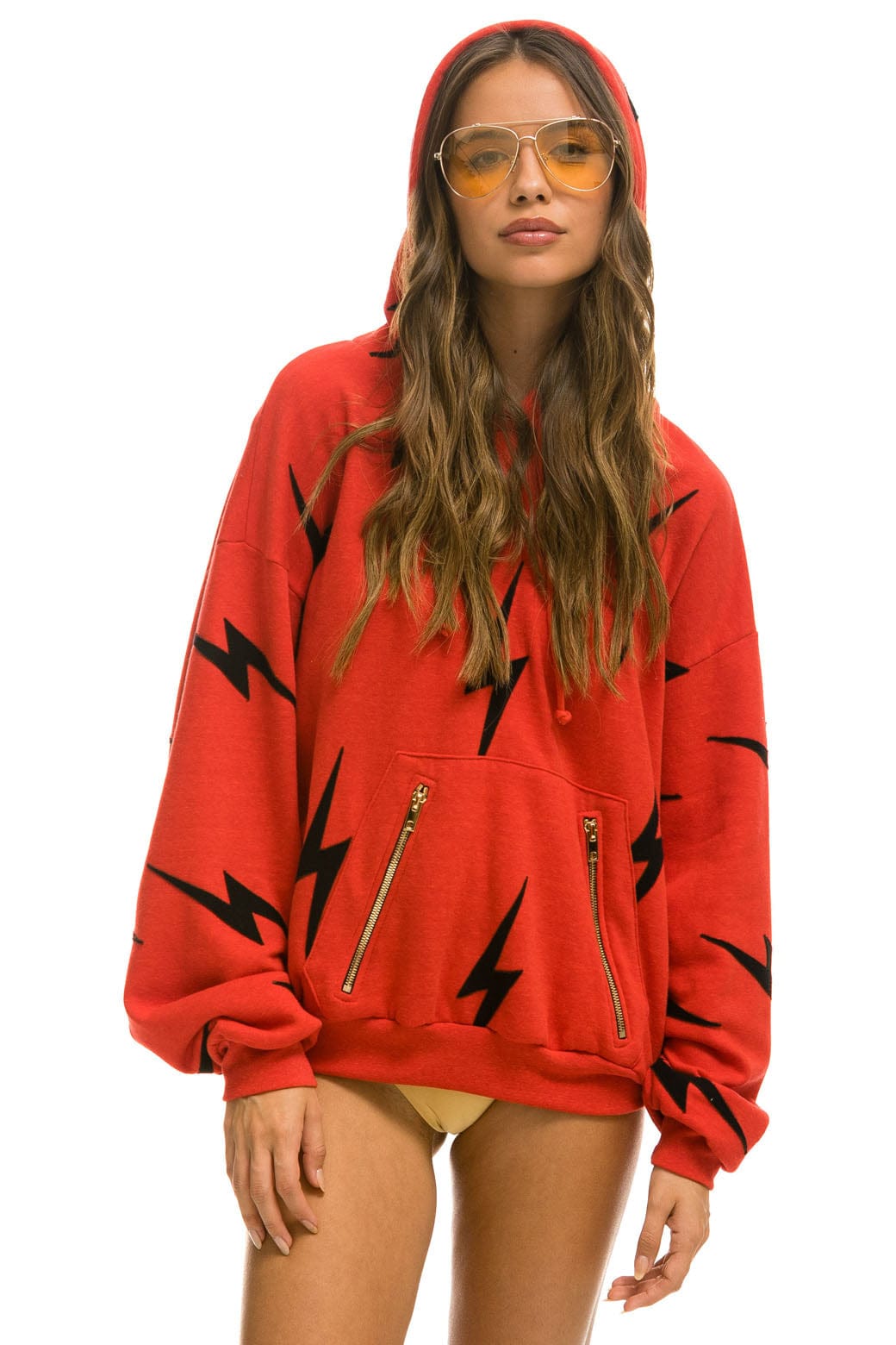 BOLT STITCH REPEAT RELAXED PULLOVER HOODIE WITH POCKET ZIPPERS - RED BLACK