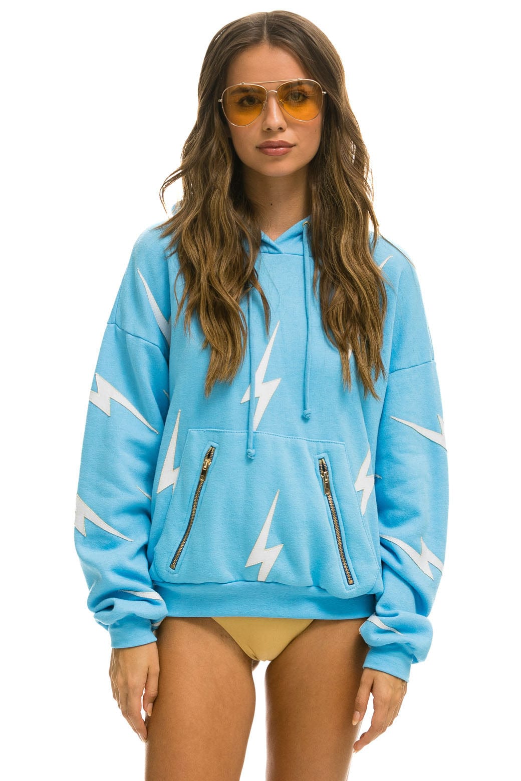 BOLT STITCH REPEAT RELAXED PULLOVER HOODIE WITH POCKET ZIPPERS - SKY WHITE