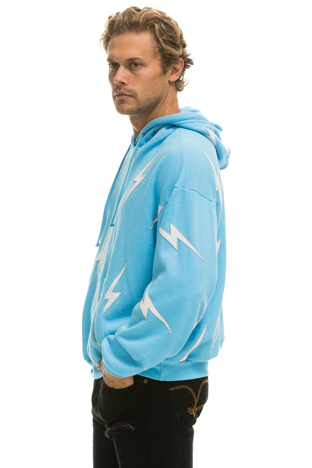 BOLT STITCH REPEAT RELAXED PULLOVER HOODIE WITH POCKET ZIPPERS - SKY WHITE