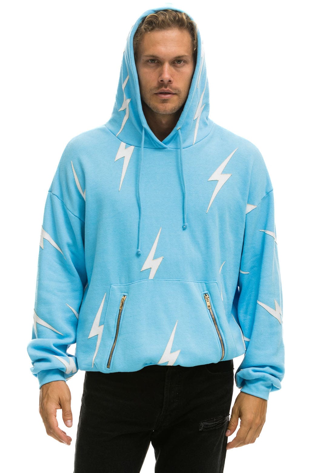 BOLT STITCH REPEAT RELAXED PULLOVER HOODIE WITH POCKET ZIPPERS - SKY WHITE
