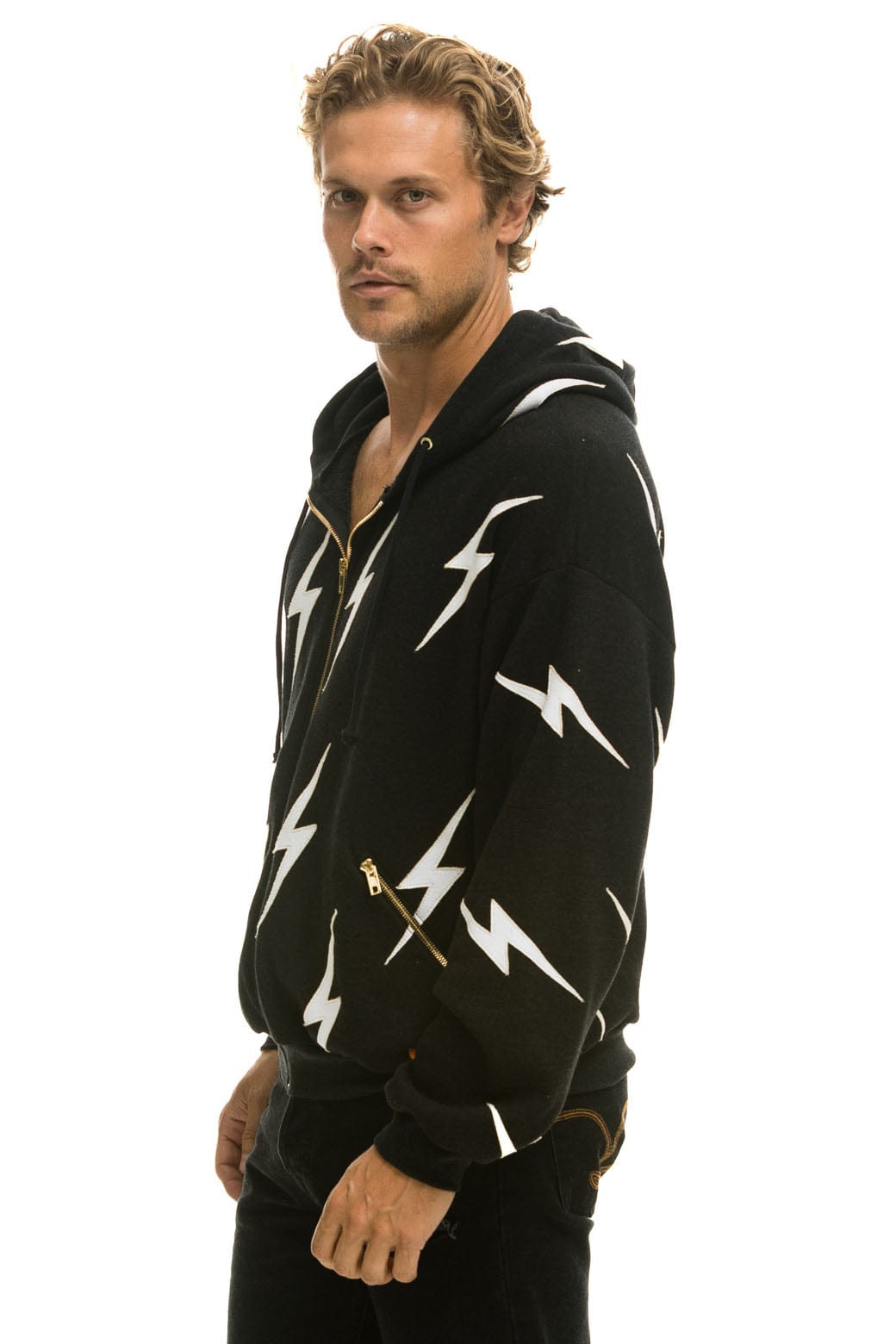 BOLT STITCH REPEAT RELAXED ZIP HOODIE WITH POCKET ZIPPERS- BLACK WHITE