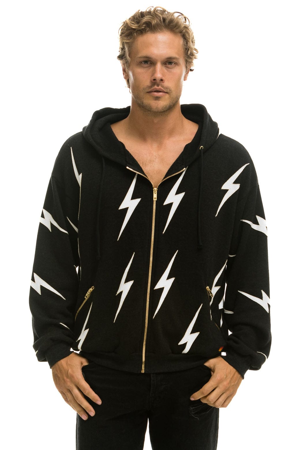 BOLT STITCH REPEAT RELAXED ZIP HOODIE WITH POCKET ZIPPERS- BLACK WHITE