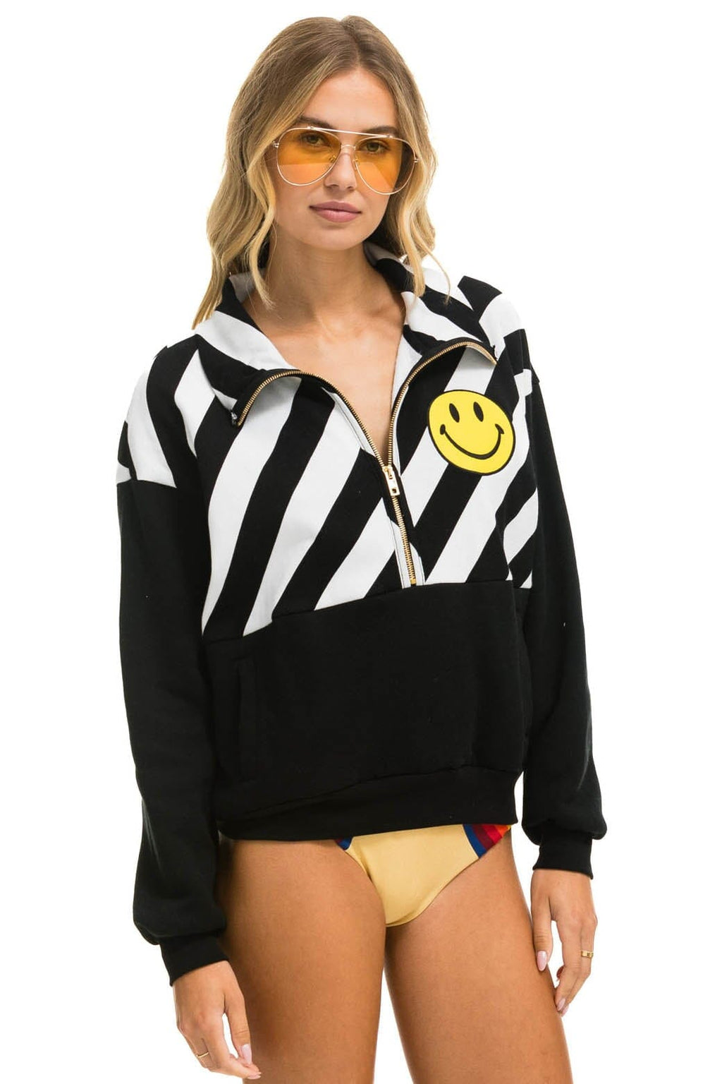 CAUTION SMILEY 2 EMBROIDERY FLEECE HALF ZIP SWEATSHIRT - BLACK WHITE