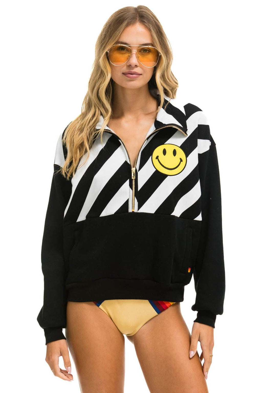 CAUTION SMILEY 2 EMBROIDERY FLEECE HALF ZIP SWEATSHIRT - BLACK WHITE