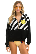 CAUTION SMILEY 2 EMBROIDERY FLEECE HALF ZIP SWEATSHIRT - BLACK WHITE