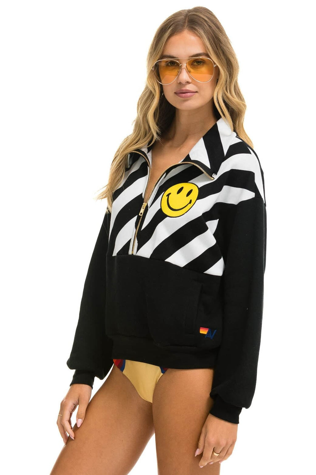 CAUTION SMILEY 2 EMBROIDERY FLEECE HALF ZIP SWEATSHIRT - BLACK WHITE